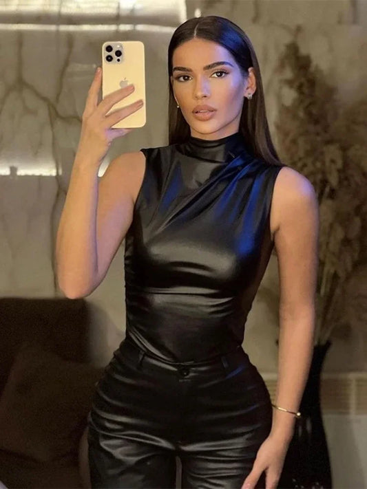 Fashion Solid Leather Top Skinny Waist Slimming Sleeveless Women Clothing High Collar Streetwear Casual Shirts For Women