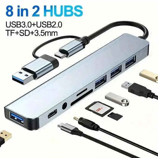 8 in 2 Docking Station USB Type C HUB with 3.5mm Audio Jack Adapter Micro SD Card Reader Laptop Tablet Phone Disk Converter