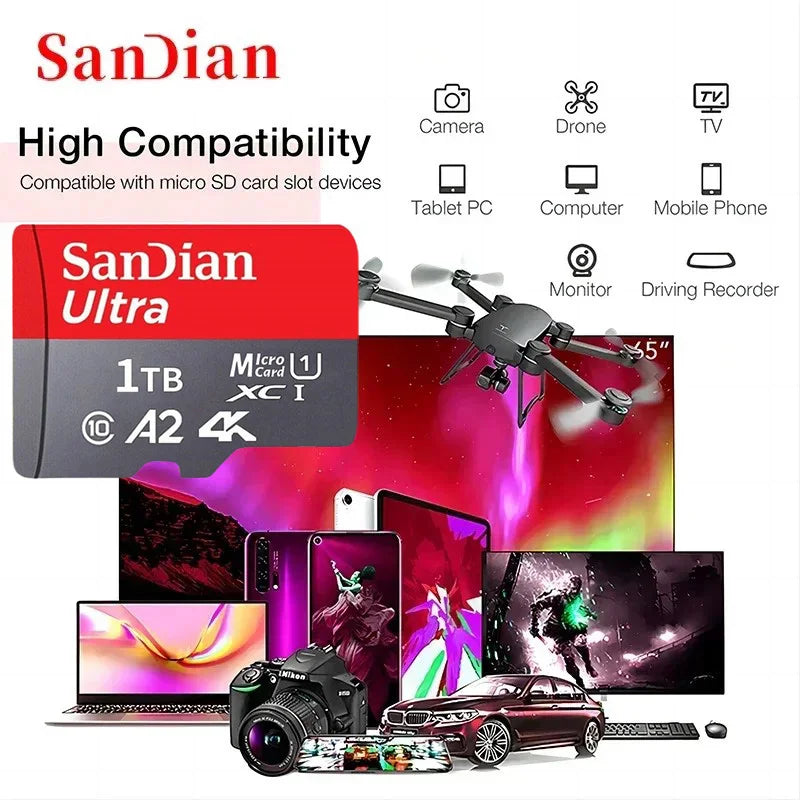 Sandian Real Capacity Micro SD Card 512GB 256GB 1TB 2TB Memory Card High Speed Cartao De Memoria 1/2TB For Smart Phone Nintendo Switch